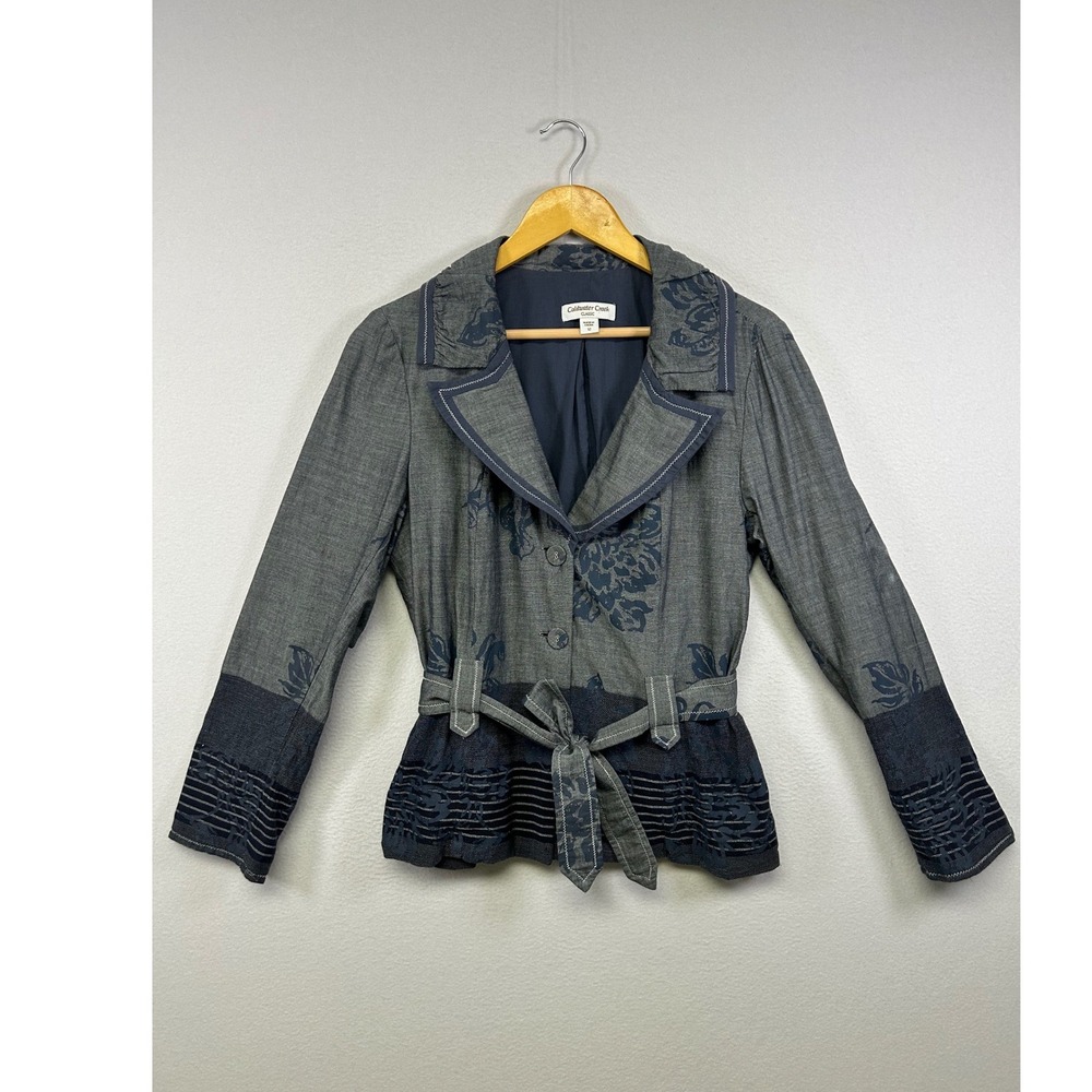 Boho Art to Wear Coldwater Creek Women 12 Gray Floral‎ Belted 100% Cotton Jacket